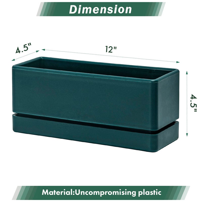 D'vine Dev 12 Inch Window Box Planter, Rectangle Plastic Herb Planter with Drainage Holes and Saucer, Indoor Succulent Cactus Vegetable Pot for Windowsill, Garden Balcony, Green, Set of 1, 76-X-C-1 - Image 3