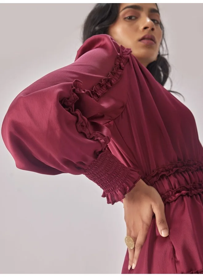 The Label Life Wine Satin Tiered Dress – Chic & Flowy