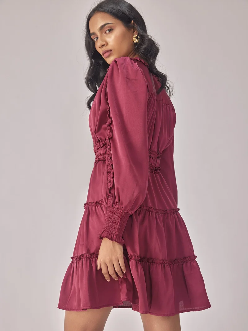 Wine Satin Tiered Dress – Chic & Flowy