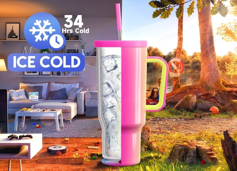 Meoky 40oz Tumbler with Handle, Leak-proof Lid and Straw, Insulated Coffee Mug Stainless Steel Travel Mug, Keeps Cold for 34 Hours or Hot for 10 Hours (Carnival) - Image 2