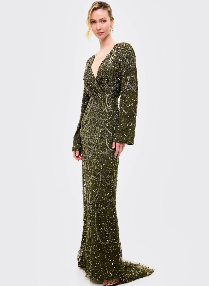 BEAUUT  Embellished V Neck Sequin Maxi Dress for Women | Best Price UAE