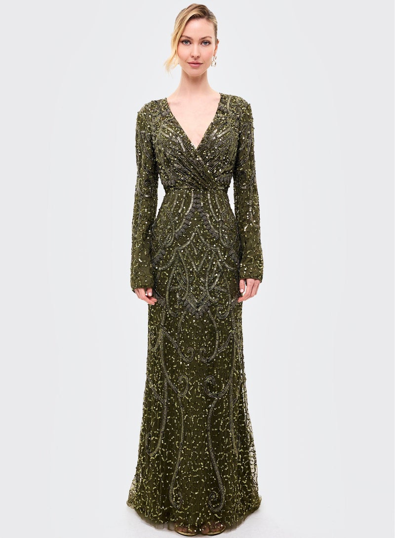 BEAUUT Embellished V Neck Sequin Maxi Dress - Image 1