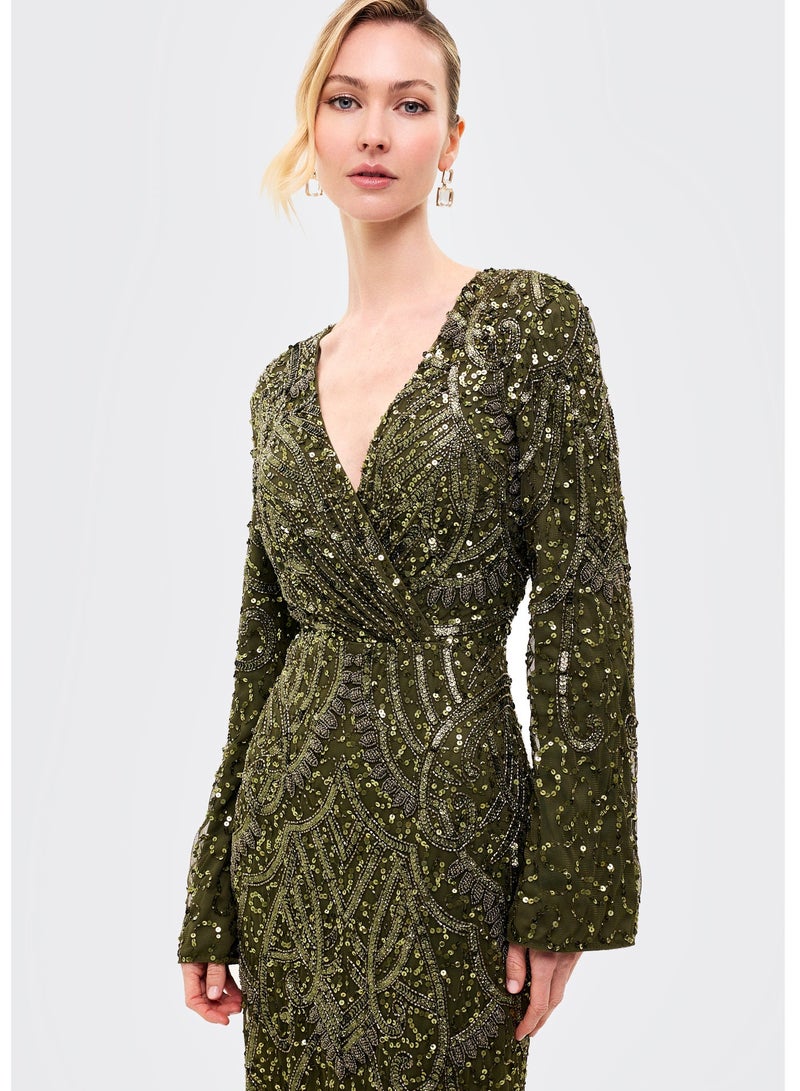 BEAUUT Embellished V Neck Sequin Maxi Dress - Image 3