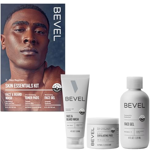 Bevel Bevel Skin Care Set - Includes Face Wash with Aloe Vera, Glycolic Acid Exfoliating Pads, Lightweight Face Moisturizer, Helps Treat Blemishes, Bumps and Discoloration (Packaging May Vary)