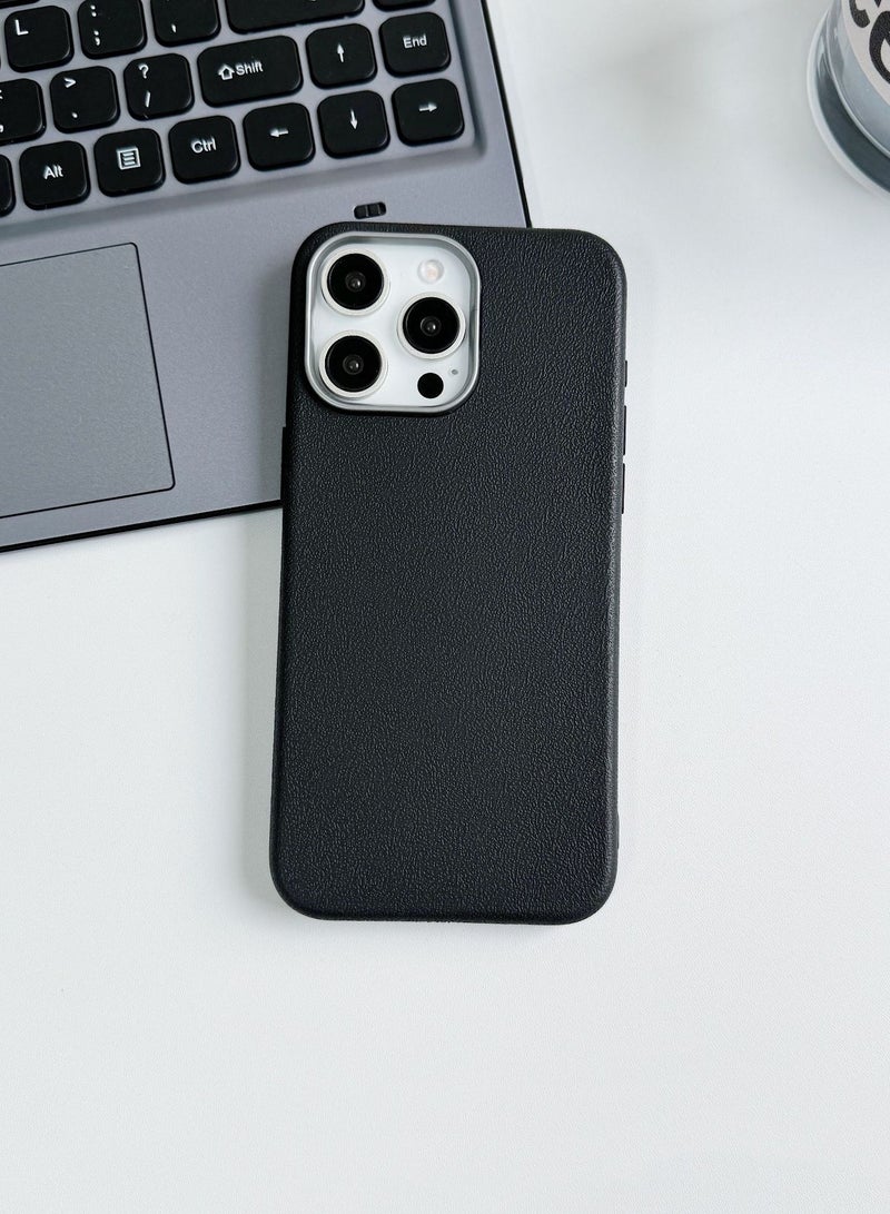 Mobile Phone Case for iPhone 15 Pro Max, Straight Edge, Imitation Leather Texture, Large Camera Cutout, TPU, Anti-fall Protective Cover (Black)