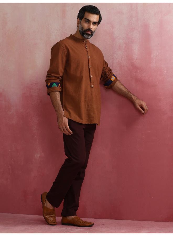 trueBrowns Men's Brown Cotton Mandarin Collar Stylized Kurta  - Image 1