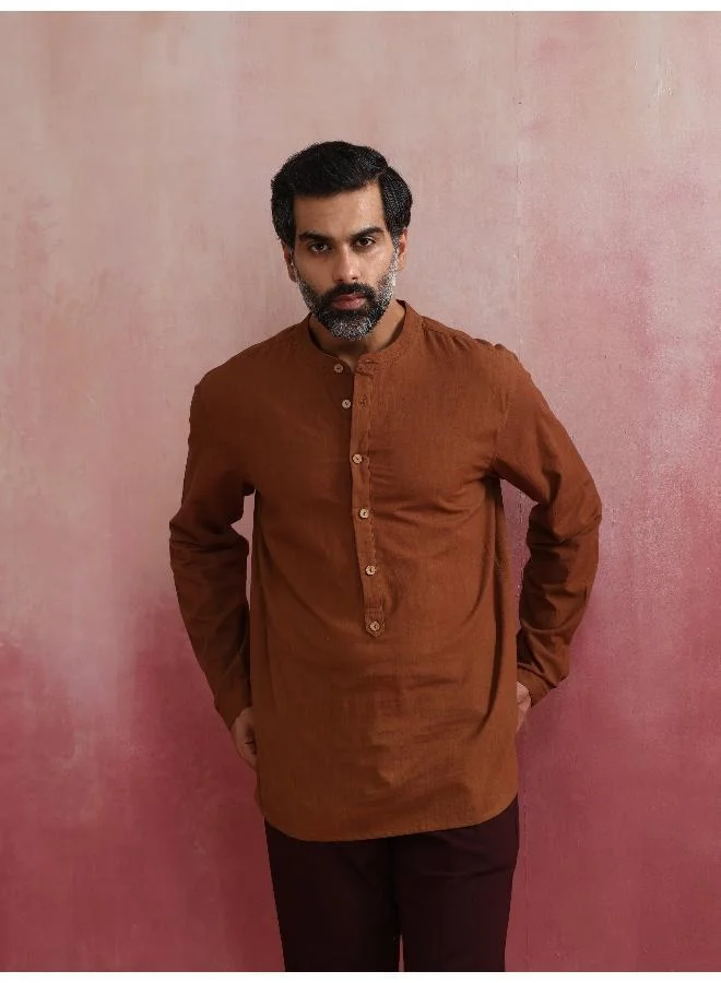 trueBrowns Men's Brown Cotton Mandarin Collar Stylized Kurta