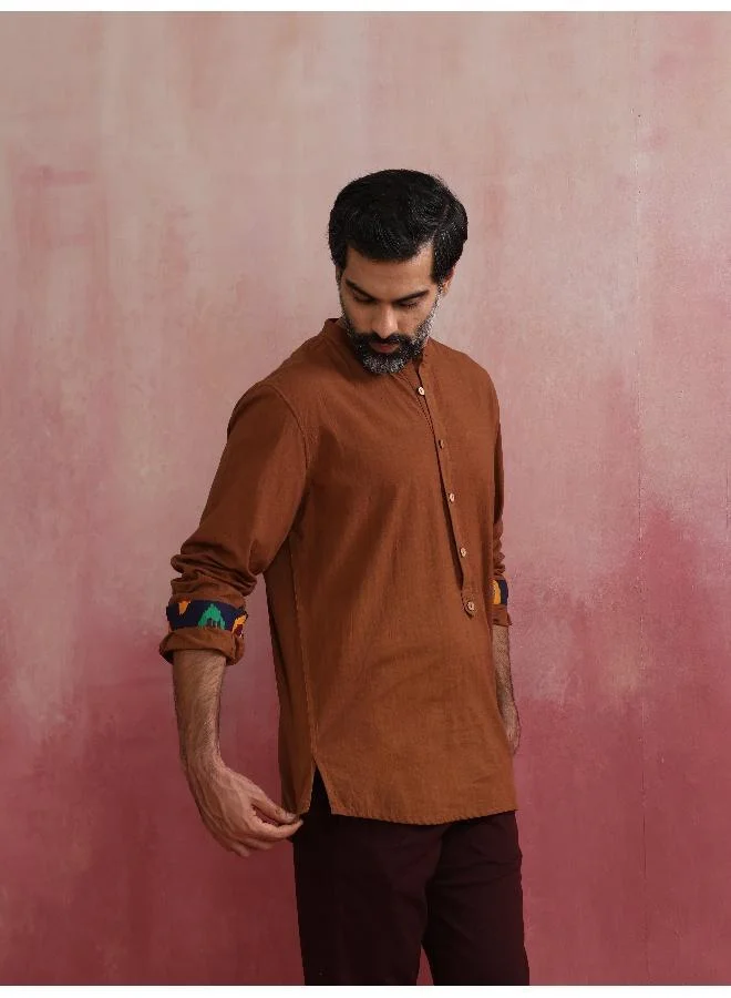 trueBrowns Men's Brown Cotton Mandarin Collar Stylized Kurta