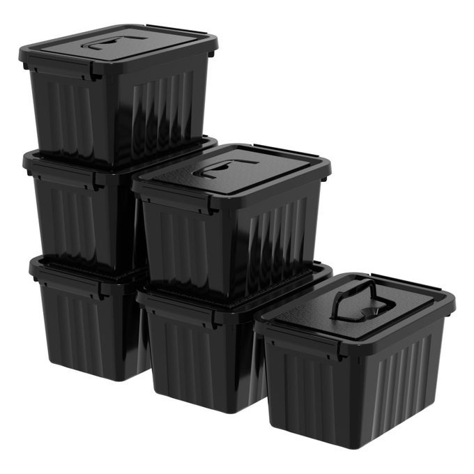 BLACK PLASTIC STORAGE BIN ITH LIDS AND LATCH SMALL STACKABLE ORGANIZING BOX CONTAINERS 6 PACKS
