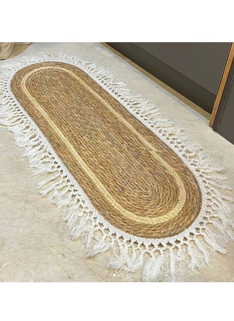 Generic FFD Handwoven Oval Jute Area Rug with White Line & Fabric Border – Natural Fiber Carpet in White Stripes, Rustic Farmhouse Style for Living Room, Bedroom, Entryway – Eco-Friendly & Durable Floor Décor  - Image 1