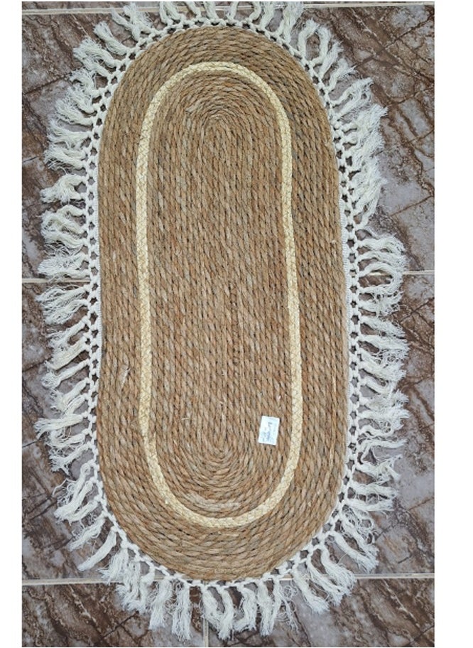 Generic FFD Handwoven Oval Jute Area Rug with White Line & Fabric Border – Natural Fiber Carpet in White Stripes, Rustic Farmhouse Style for Living Room, Bedroom, Entryway – Eco-Friendly & Durable Floor Décor  - Image 2
