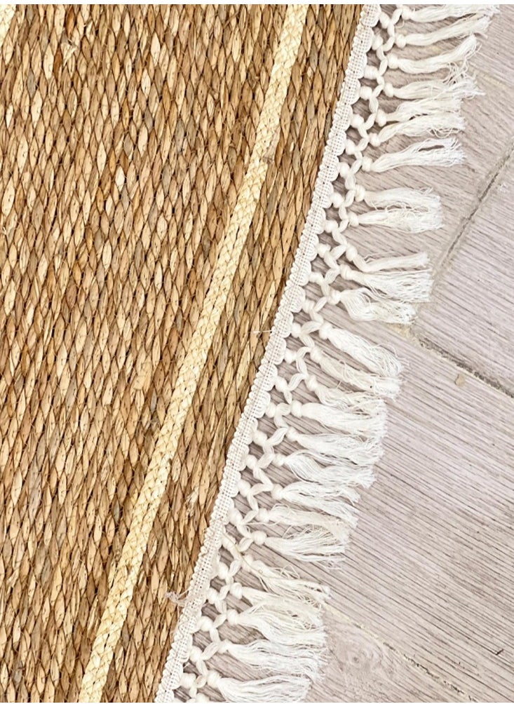 Generic FFD Handwoven Oval Jute Area Rug with White Line & Fabric Border – Natural Fiber Carpet in White Stripes, Rustic Farmhouse Style for Living Room, Bedroom, Entryway – Eco-Friendly & Durable Floor Décor  - Image 3