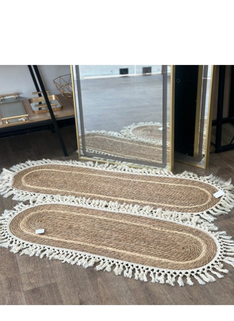 Generic FFD Handwoven Oval Jute Area Rug with White Line & Fabric Border – Natural Fiber Carpet in White Stripes, Rustic Farmhouse Style for Living Room, Bedroom, Entryway – Eco-Friendly & Durable Floor Décor  - Image 5