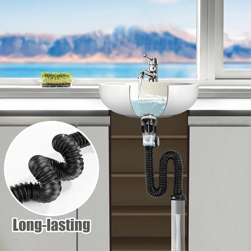 ZOMBULA 2 in 1 Sink Drain Kit with Flexible Expandable PTrap Sink Drain Pipe Tube AntiOdor Bathroom Sink Drain Pipe Drain Hole Builtin AntiClogging Stopper Black Bathroom Sink Drain - Image 3