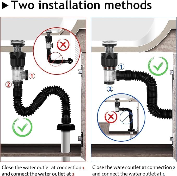 ZOMBULA 2 in 1 Sink Drain Kit with Flexible Expandable PTrap Sink Drain Pipe Tube AntiOdor Bathroom Sink Drain Pipe Drain Hole Builtin AntiClogging Stopper Black Bathroom Sink Drain - Image 2