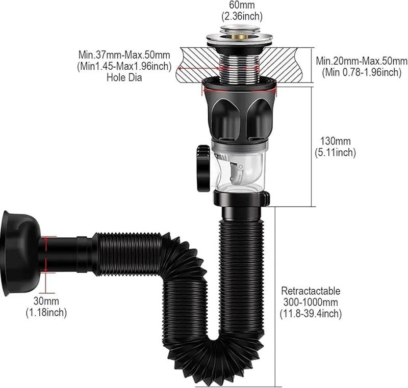 ZOMBULA 2 in 1 Sink Drain Kit with Flexible Expandable PTrap Sink Drain Pipe Tube AntiOdor Bathroom Sink Drain Pipe Drain Hole Builtin AntiClogging Stopper Black Bathroom Sink Drain - Image 5