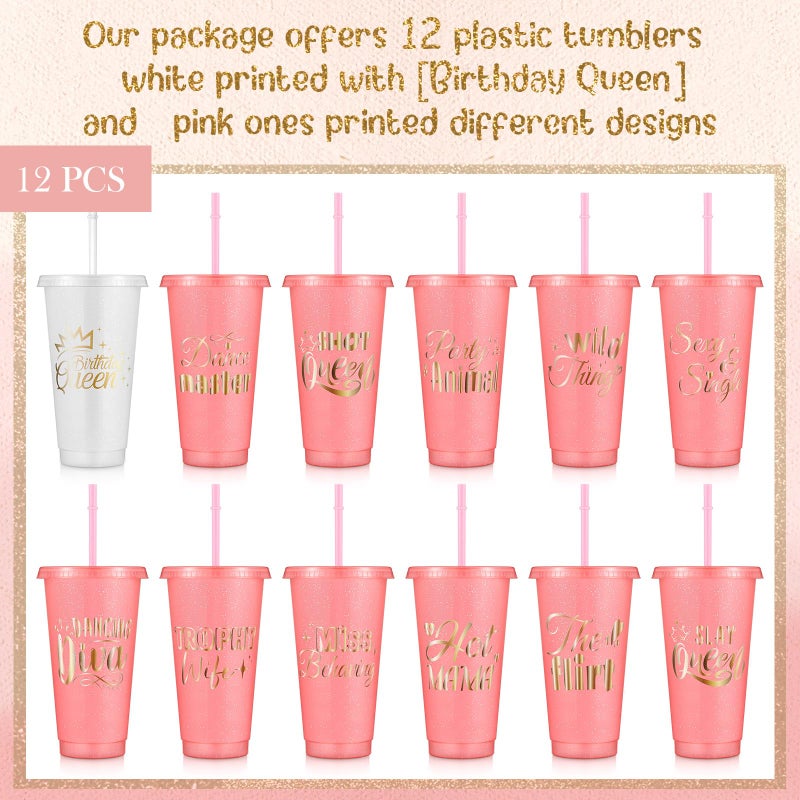 Baderke 12 Pcs Birthday Party Glitter Tumblers 24 oz Squad Plastic Tumblers with Lid and Straw for 20th 30th 40th 50th 60th Birthday Decorations Favor for Women Adults (Pink) - Image 3