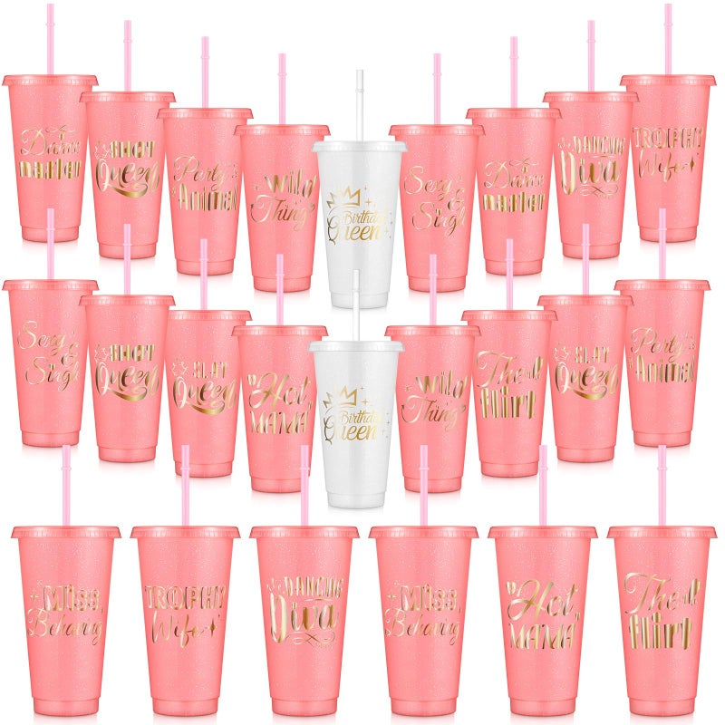 Baderke 12 Pcs Birthday Party Glitter Tumblers 24 oz Squad Plastic Tumblers with Lid and Straw for 20th 30th 40th 50th 60th Birthday Decorations Favor for Women Adults (Pink) - Image 1