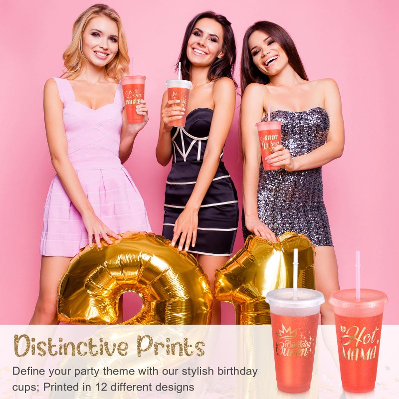 Baderke 12 Pcs Birthday Party Glitter Tumblers 24 oz Squad Plastic Tumblers with Lid and Straw for 20th 30th 40th 50th 60th Birthday Decorations Favor for Women Adults (Pink) - Image 4