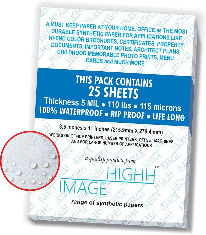 HIGHH IMAGE WATERPROOF PAPER 8.5X11 THICKNESS 5 MIL 110 LB, 25 SHEETS Non-Tear PAPER, DURABLE LASER PRINTER PAPER - Image 2