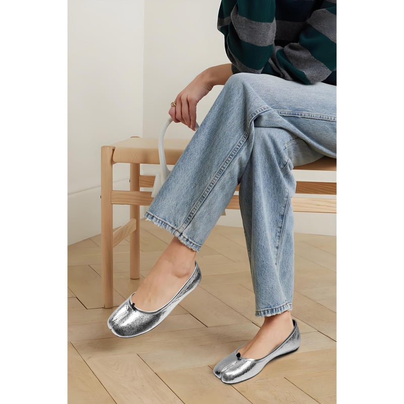 VBDB Tabi Silver Ballet Flats for Women Slip on Shoes Wide Width Split Toe Dress for Women Low Heels Comfortable Flats Shoes Size 8 - Image 3