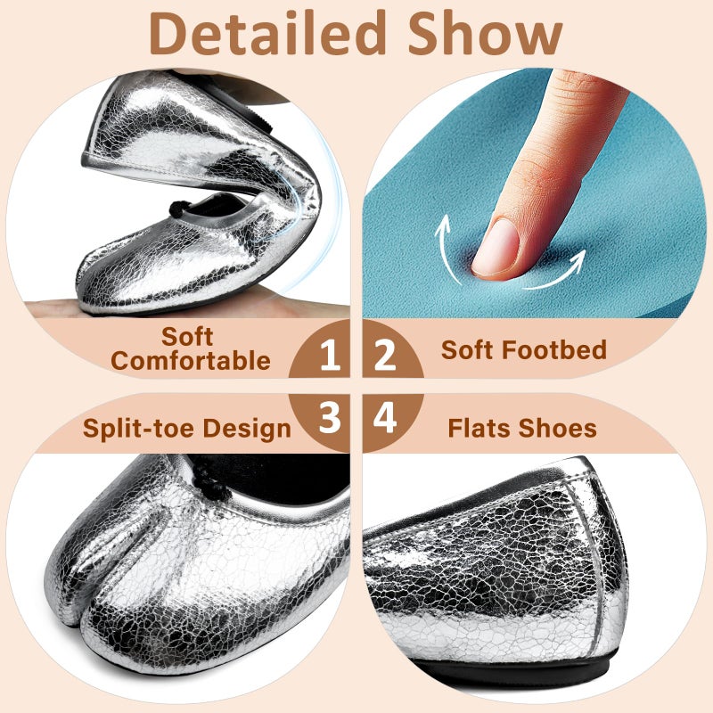 VBDB Tabi Silver Ballet Flats for Women Slip on Shoes Wide Width Split Toe Dress for Women Low Heels Comfortable Flats Shoes Size 8 - Image 4