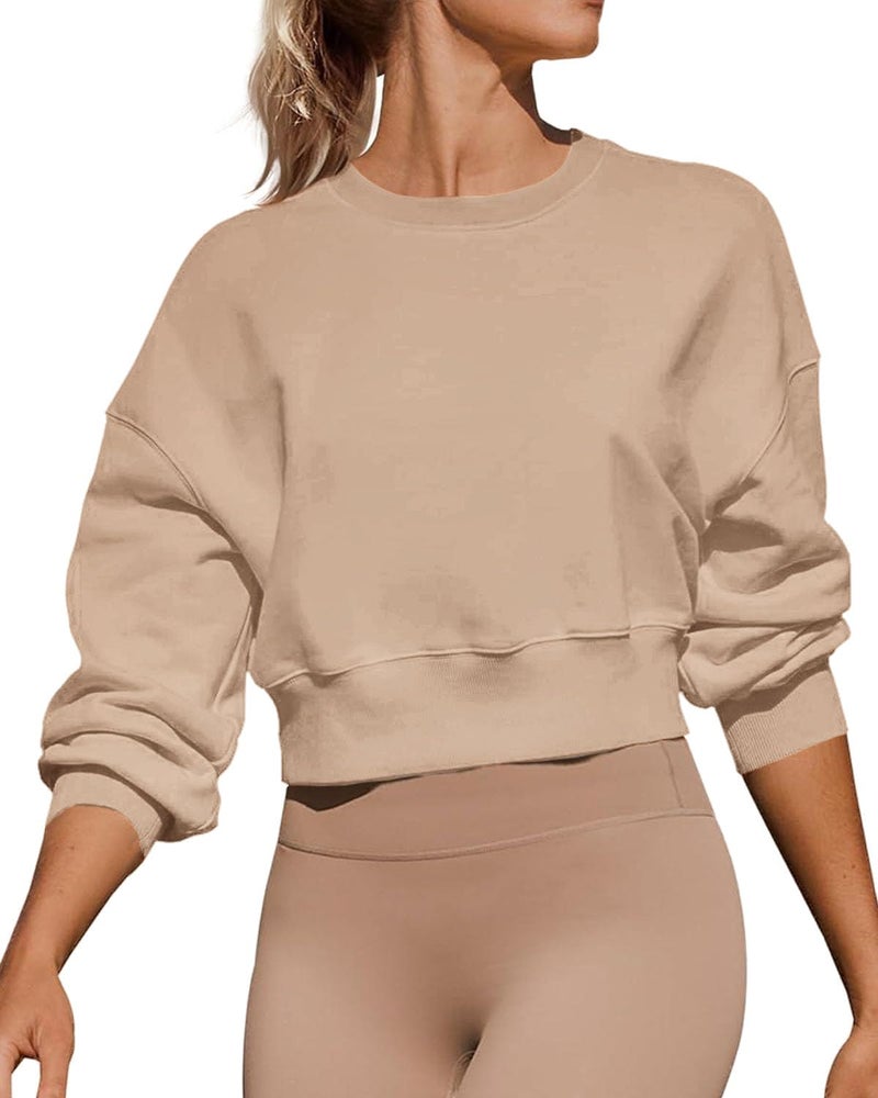 Joywayco Women's Long Sleeve Round Neck Cropped Sweatshirts Cute Loose Fit Pullover Tops (US, Alpha, Medium, Regular, Regular, Dark Khaki) - Image 1