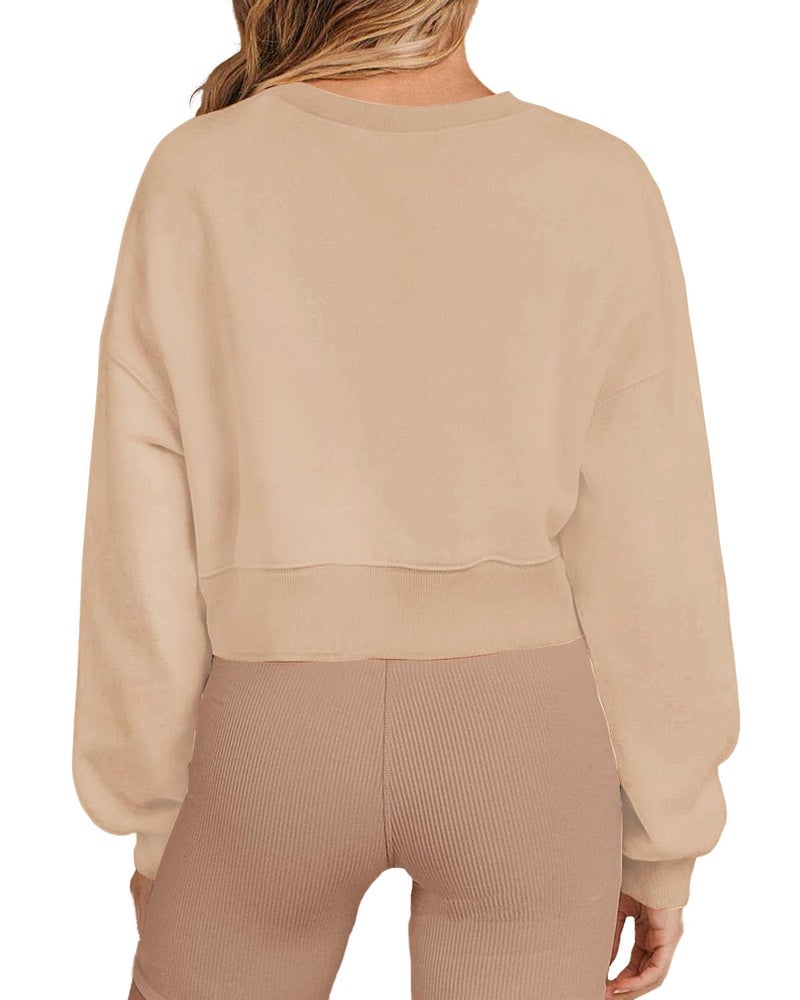 Joywayco Women's Long Sleeve Round Neck Cropped Sweatshirts Cute Loose Fit Pullover Tops (US, Alpha, Medium, Regular, Regular, Dark Khaki) - Image 3