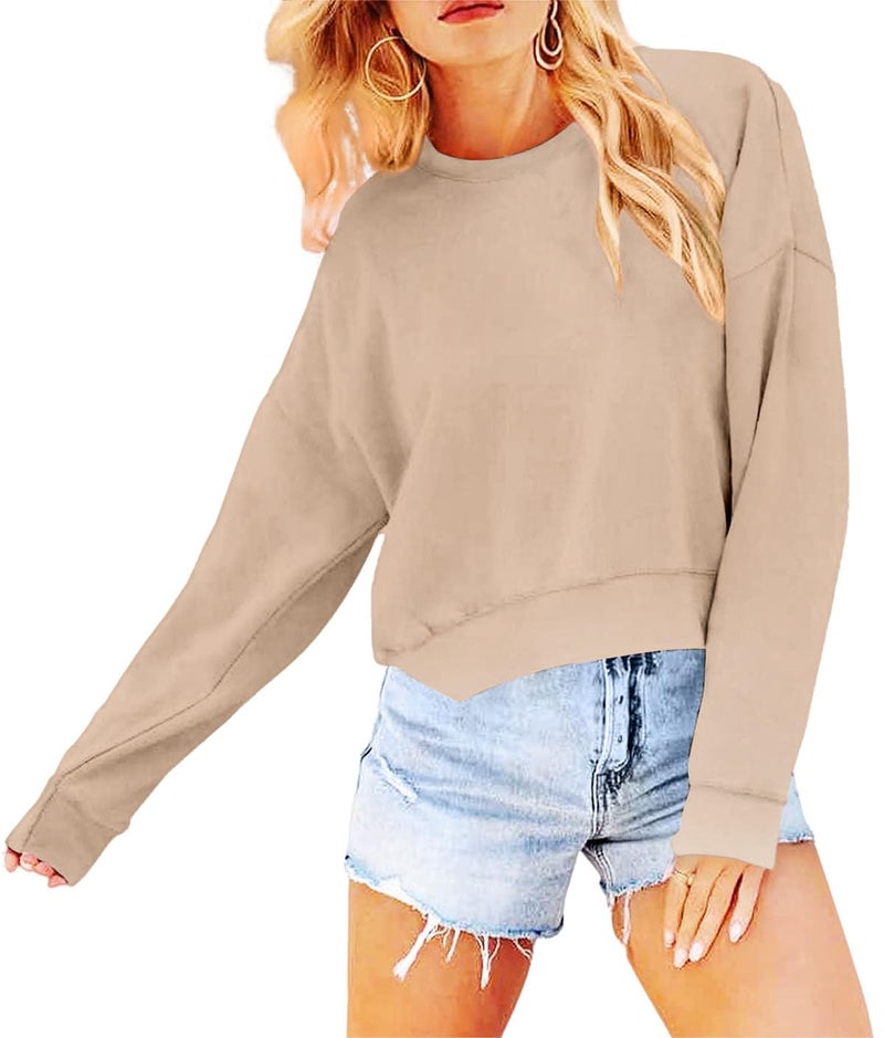 Joywayco Women's Long Sleeve Round Neck Cropped Sweatshirts Cute Loose Fit Pullover Tops (US, Alpha, Medium, Regular, Regular, Dark Khaki) - Image 2