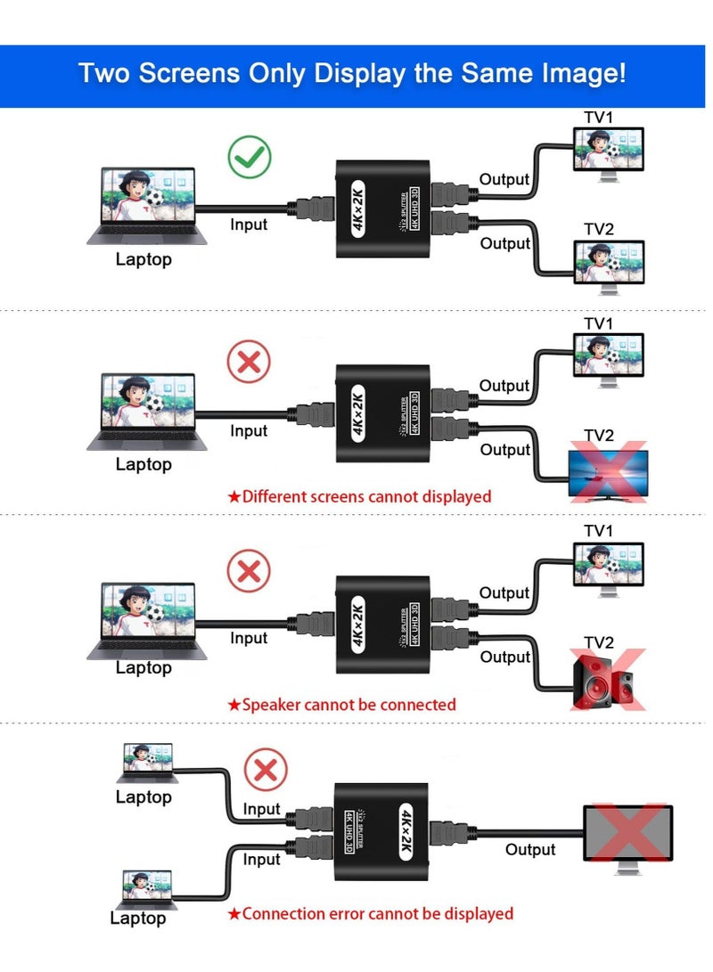 Captaintech 4K HDMI Splitter 1 in 2 Out for Dual Monitors, Supports 3D, Full HD 1080P, Aluminum HDMI Splitter Adapter, Compatible with Fire Stick, Xbox, PS, Roku, Cable Box, HDTV (1 Source to 2 Displays) - Image 5