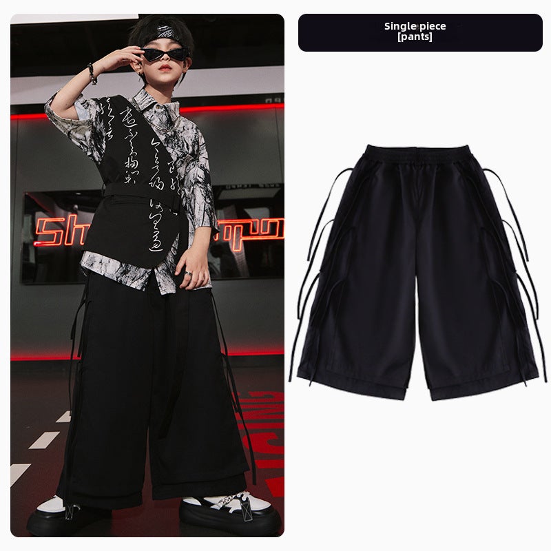 Kids Street Dance Costumes HipHop Jazz Outfits Black Cropped Ribbon Pants