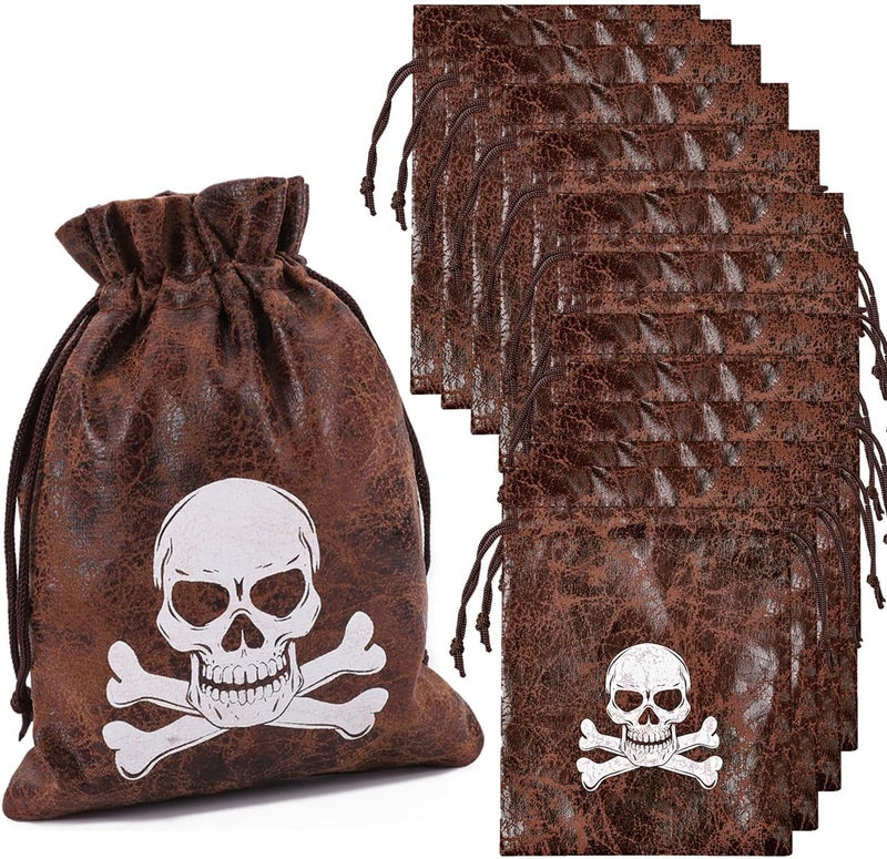 RICHNESS Pirate Loot Bags Goodie Bags with Drawstring 4.5 x 6.5 Inches Faux Cow Skin Pirate Treasure Bags for Pirate Party Favors Pack of 12 - Image 1