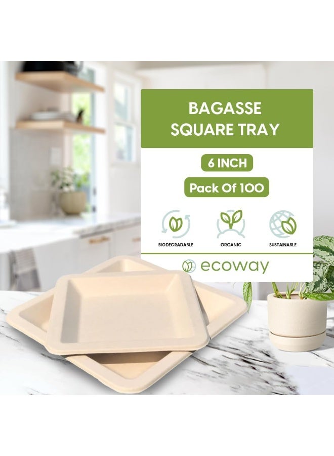 ايكواي Ecoway [6 Inch Square Plate Pack Of 100] White Color- Disposable Plates Made With Bagasse Sugar Canes Microwave & Freeze Safe, Compostable & Biodegradable Dinner Plates, Strong Everyday Tableware - Image 3