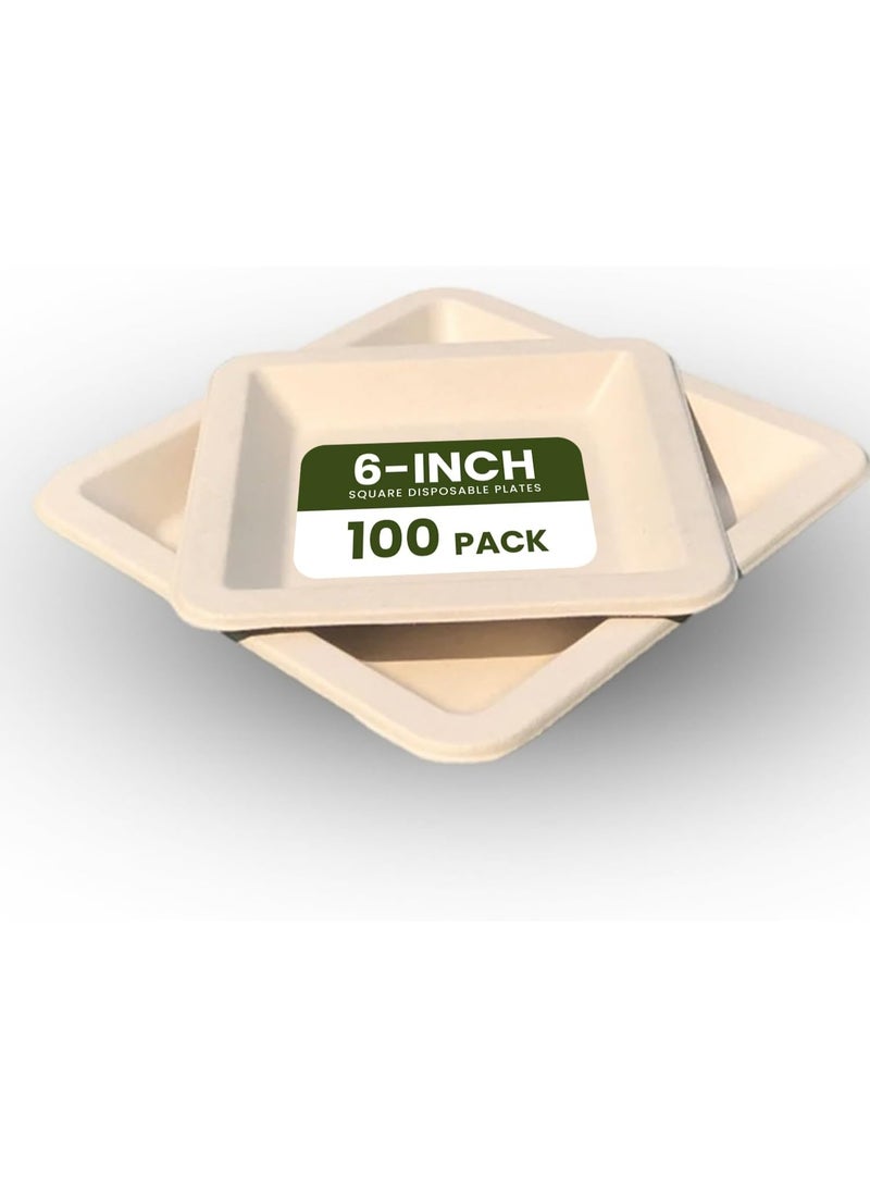 ايكواي Ecoway [6 Inch Square Plate Pack Of 100] White Color- Disposable Plates Made With Bagasse Sugar Canes Microwave & Freeze Safe, Compostable & Biodegradable Dinner Plates, Strong Everyday Tableware - Image 1