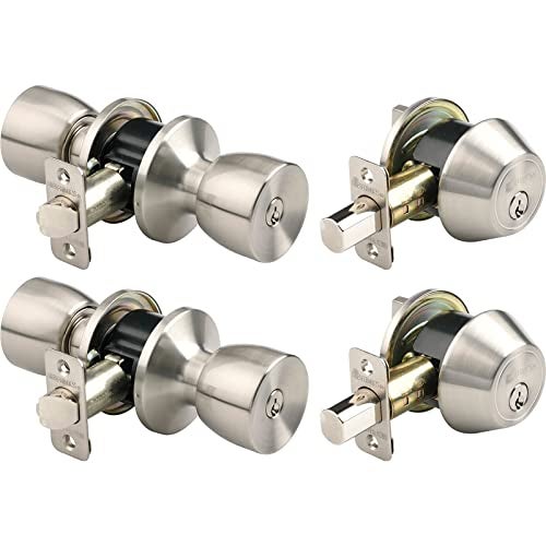 BRINKS - مجموعة مقبض باب مدخل مفاتيح بأسلوب الجرس وقفل أسطوانة مفردة، 2-pack - مفاتيح متطابقة، نيكل ساتان - Image 1