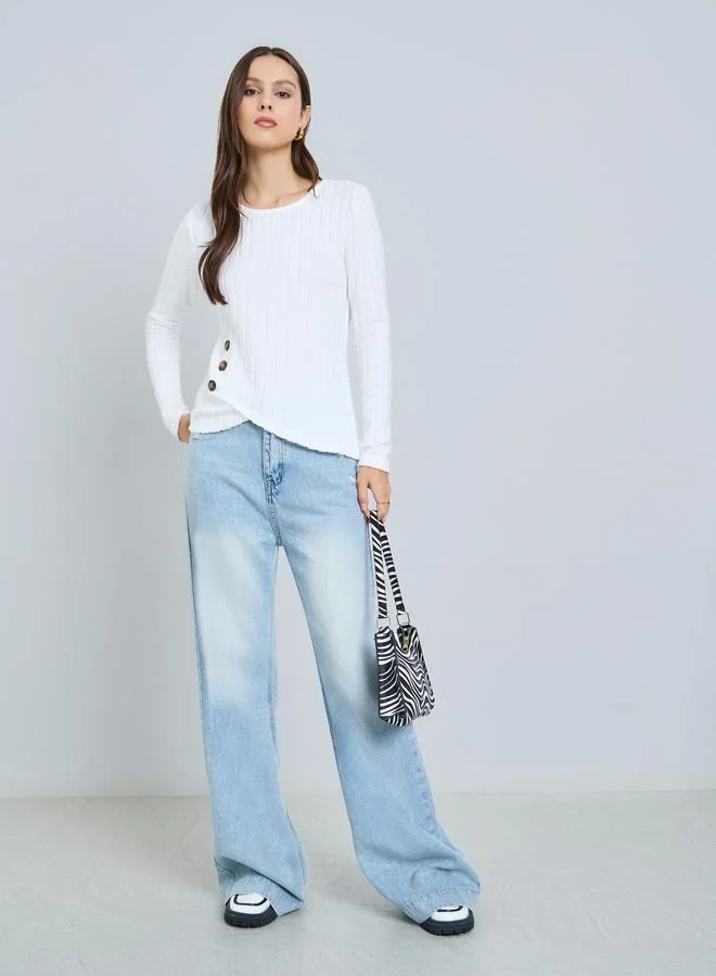 Take Two White Ribbed Button Side Detail Top