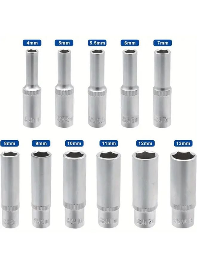 مجموعة من 11 قطعة: مقبس عميق متري 1/4 بوصة، 4 مقابس طويلة 13 مم، أداة تأثير للتوصيل - Image 3