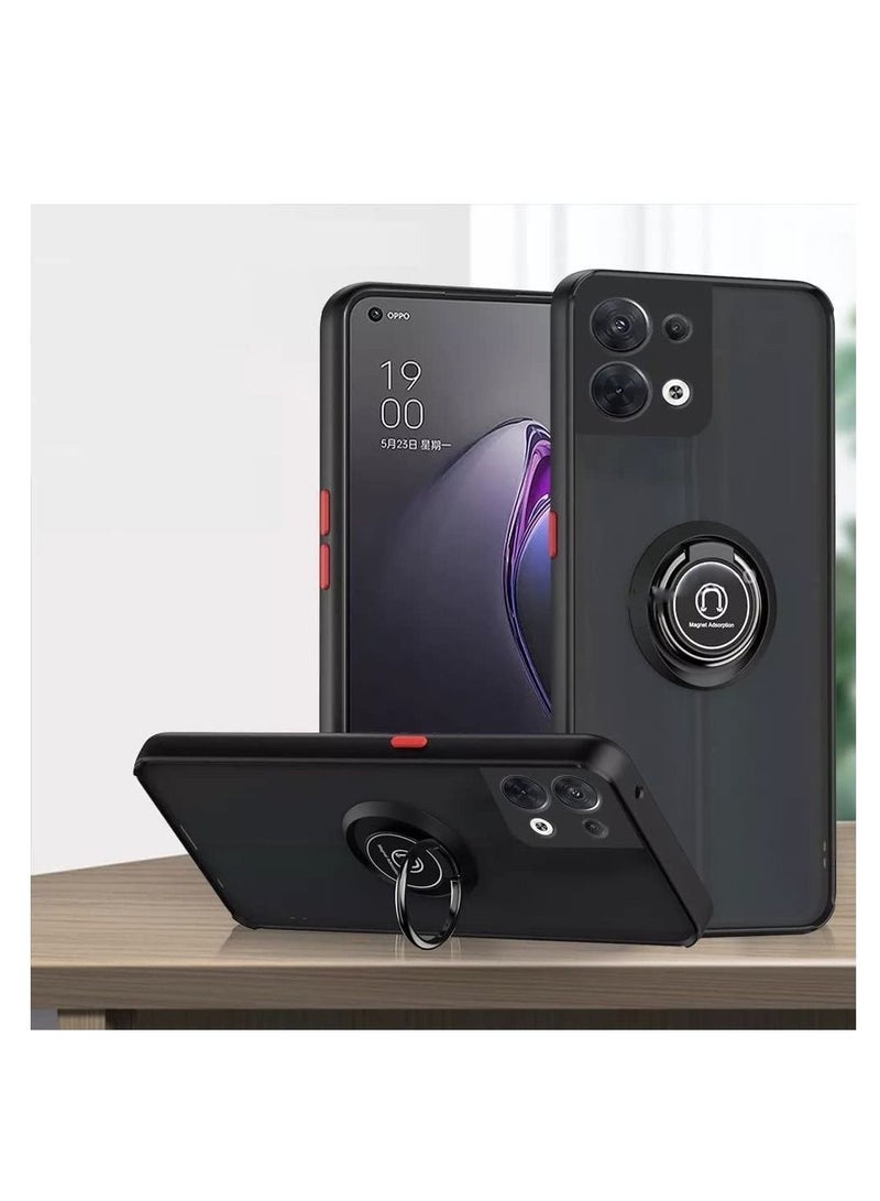 Rock Pow Oppo Reno8 Case Flexible Silicone Bumper, Camera Protection Thin Translucent Shockproof Matte Back Cover with 360 rotational Car Mount Magnetic Ring Holder For Oppo Reno 8 (Black)