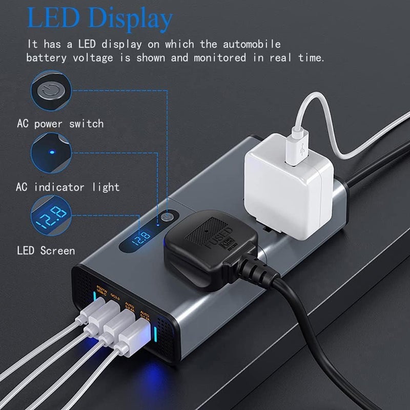200W Car Power Inverter with Dual AC Outlets, 4 USB Ports, and LED Display - Silver Grey - Image 3