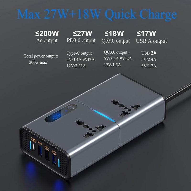 200W Car Power Inverter with Dual AC Outlets, 4 USB Ports, and LED Display - Silver Grey - Image 2