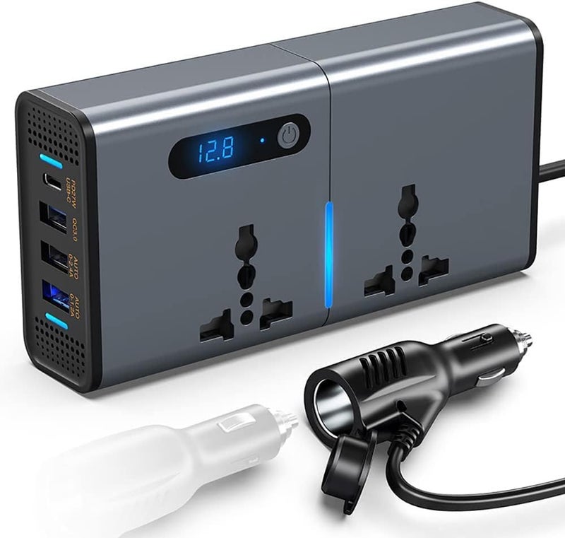 200W Car Power Inverter with Dual AC Outlets, 4 USB Ports, and LED Display - Silver Grey - Image 1