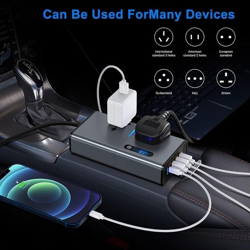 200W Car Power Inverter with Dual AC Outlets, 4 USB Ports, and LED Display - Silver Grey - Image 5