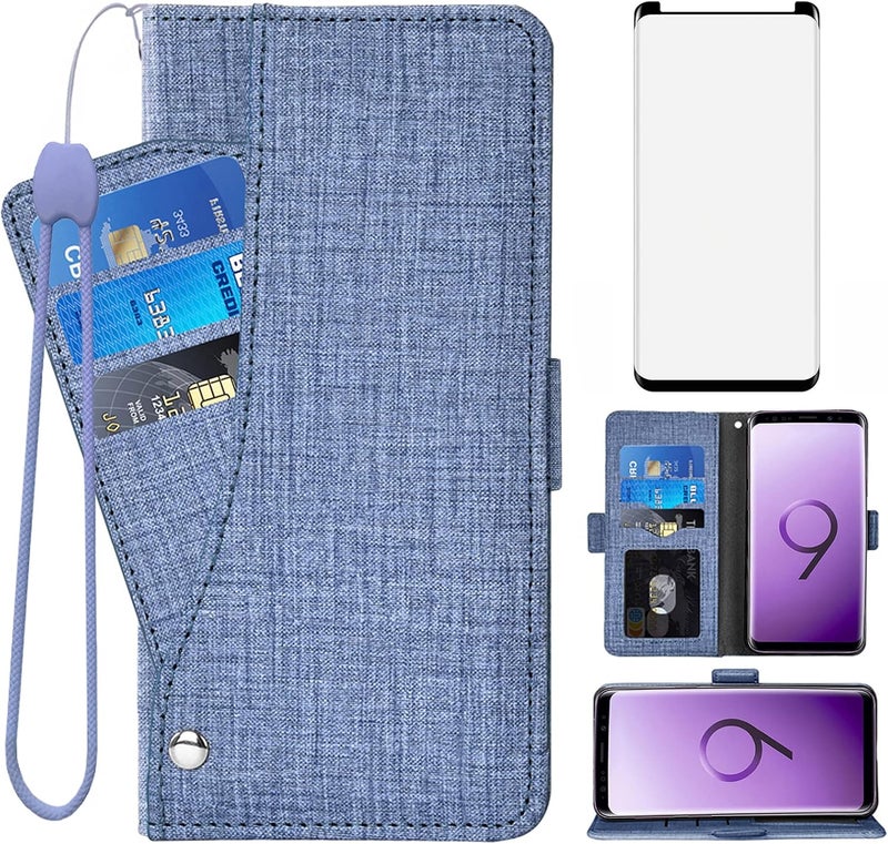 Asuwish Compatible with Samsung Galaxy S9 Wallet Case Tempered Glass Screen Protector and Leather Flip Cover Card Holder Stand Cell Accessories Phone Cases for Glaxay S 9 Edge 9S GS9 Women Men Blue - Image 1