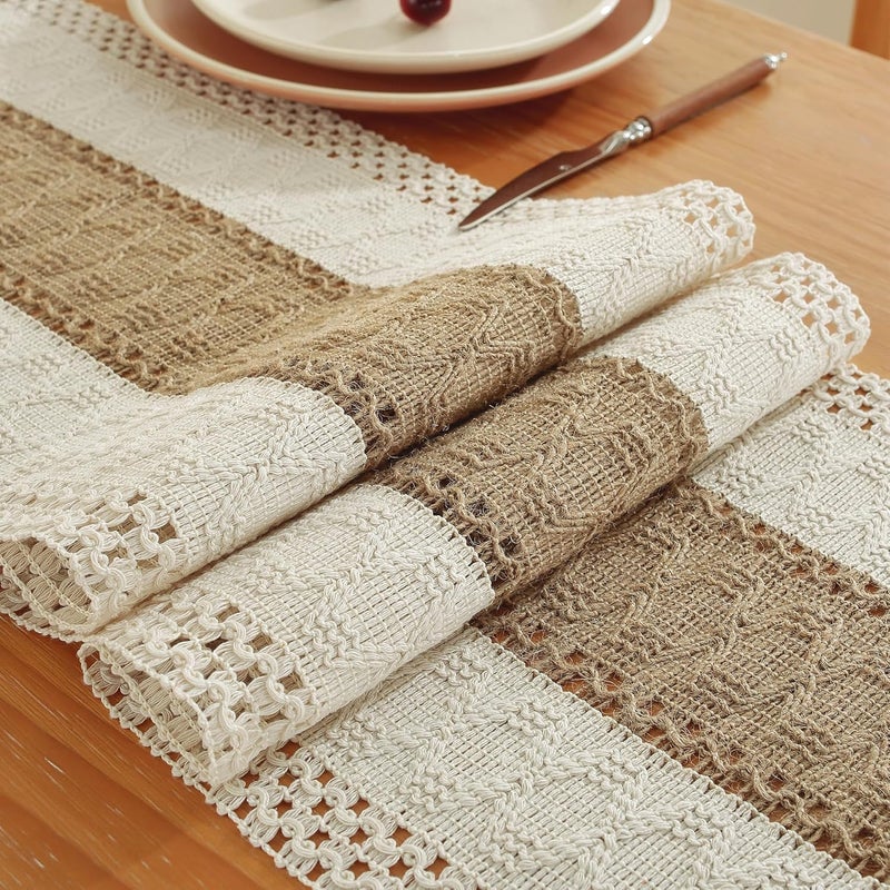 Boho Table Runner - Brown and White Tassel Home Decor, 72 Inches Long - Image 1