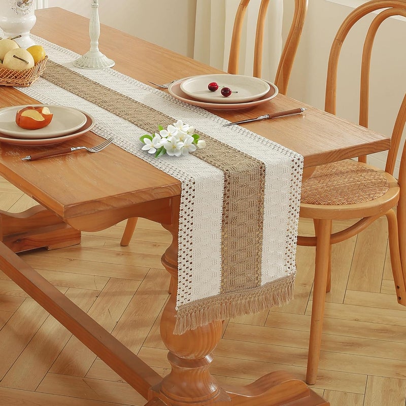 Boho Table Runner - Brown and White Tassel Home Decor, 72 Inches Long - Image 2