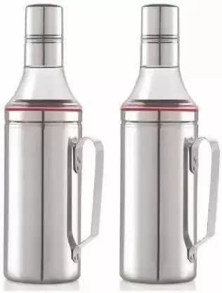 VISAXMI Stainless Steel Oil Dispenser 1 Liter Oil Container for Kitchen Oil Bottle Steel Oil Can With Handle Oil Pourer Pack of 2 Silver