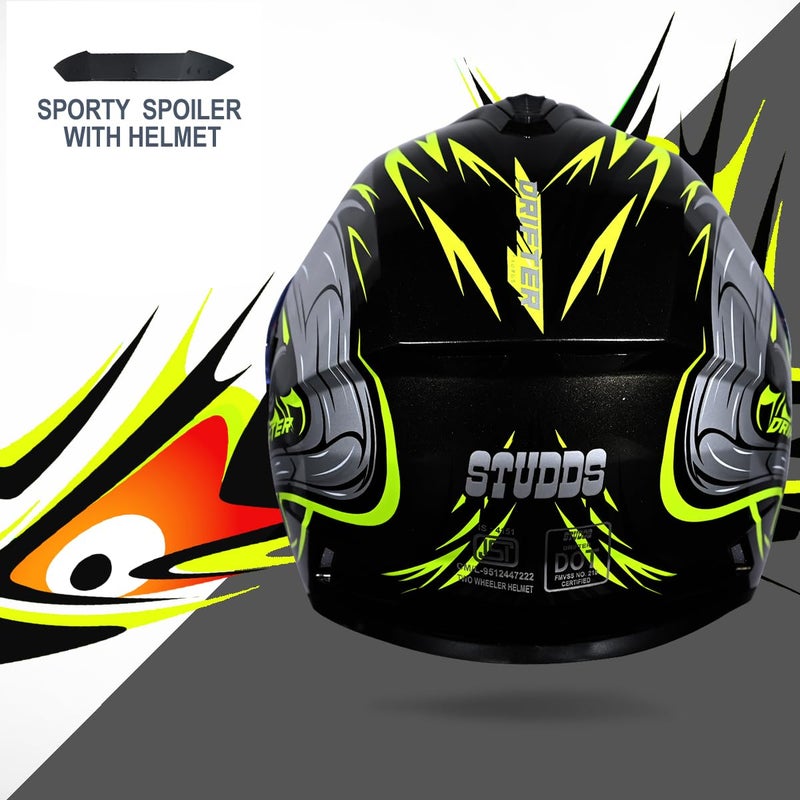 STUDDS Drifter D4 Isi and Dot Certified Full Face Graphic Helmet for Men and Women with Inner Sun Visor and Spoiler (Black N5) - Image 4