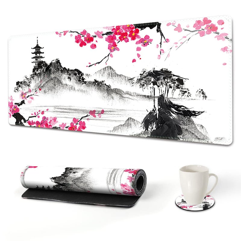 AIMSA Extended Gaming Mouse Pad XL Large Keyboard Mouse Mat Desk Pad with Stitched Edges Durable NonSlip Base Landscape Mousepad for Home Office Mountain Sakura Ink Painting
