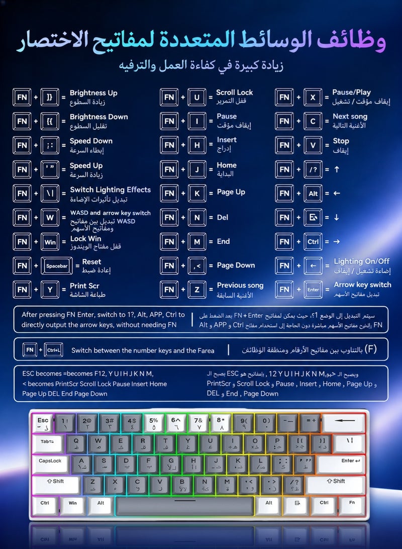 T-WOLF 61-Key RGB Mechanical Gaming Keyboard with Red Switches and 60% Compact Layout, Detachable Cable, 21-Key Anti-Ghosting, Ergonomic Design for PC and Mac Gamers - Image 5