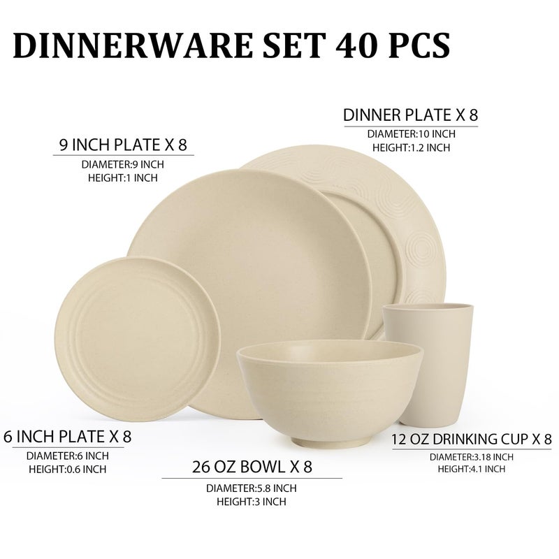 Perlapoc Dinnerware Sets 40 PCS Wheat Straw Plates and Bowls Sets With Cups Service for 8 Microwave Safe Dishes for Kitchen Lightweight Dish Set for RV Outdoor Activities Travel - Beige Colors - Image 2